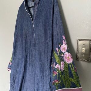 Embroidered Denim Tunic with Floral Sleeves